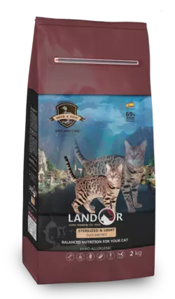 LANDOR Повнораціонний сухий корм для кішок з надмірною вагою і стерилізованих качка з рисом 2 кг